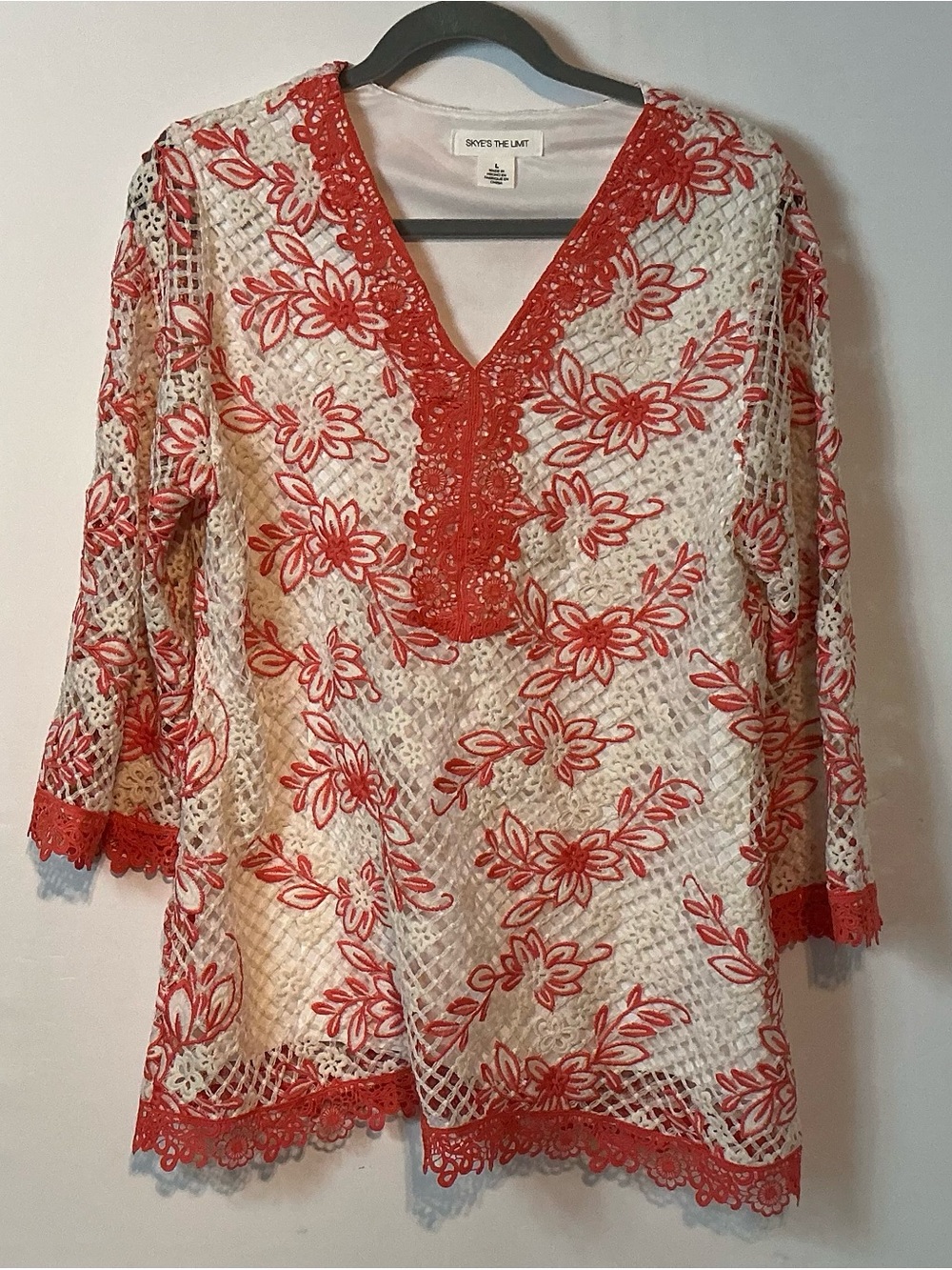 Skye's the Limit White and Coral Crochet Floral Tunic Blouse